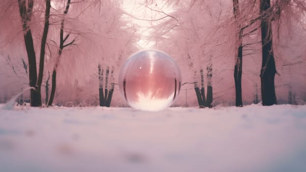 Beautiful view of a pink forest with a glass ball in the center of the snow, side view close-up.