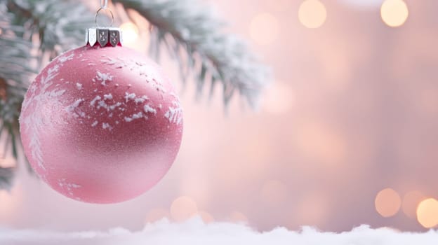 One beautiful soft pink Christmas tree ball hanging on a spruce branch on the left with copy space on the right against a background of blurred bokeh, close-up side view.