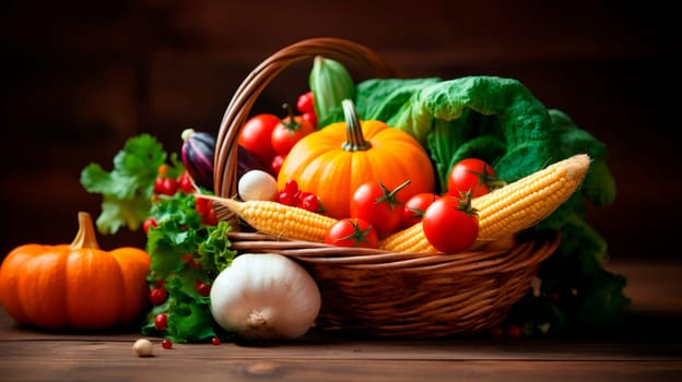 A full basket with autumn seasonal vegetables stands on a wooden table, side view close-up.