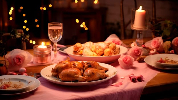 Chicken meat in plates, lit candles, a pink tablecloth and decorative roses lie on a wooden table against the backdrop of a fireplace and blurry bokeh, close-up side view.