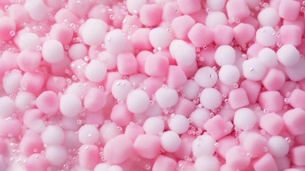 Beautiful background of gently pink small marshmallow candies with transparent balls of candy sprinkles, flat lay close-up.