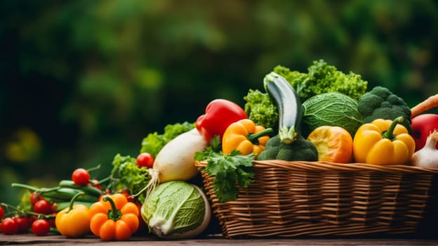 A basket with a variety of autumn seasonal vegetables and herbs stands on a wooden table against a background of blurred green nature, side view close-up.