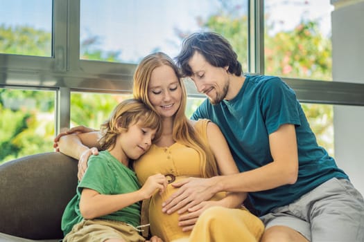 Expectant parents, mom, dad, and their eldest son share a heartwarming moment on the sofa, discussing the exciting journey of pregnancy.