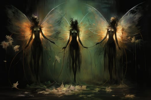 In a mystical realm filled with enchantment and wonder, luminescent fairies gracefully dance through the air, their iridescent wings shimmering with a kaleidoscope of colors.