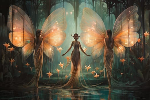 In a mystical realm filled with enchantment and wonder, luminescent fairies gracefully dance through the air, their iridescent wings shimmering with a kaleidoscope of colors.