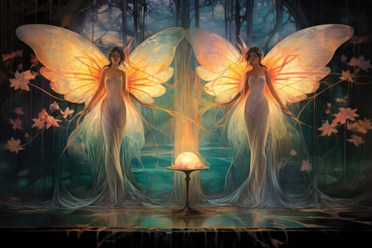 In a mystical realm filled with enchantment and wonder, luminescent fairies gracefully dance through the air, their iridescent wings shimmering with a kaleidoscope of colors.