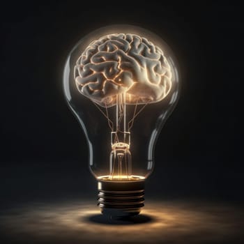 Conceptual image of a light bulb with a glowing brain inside represents the power of ideas. is AI Generative.