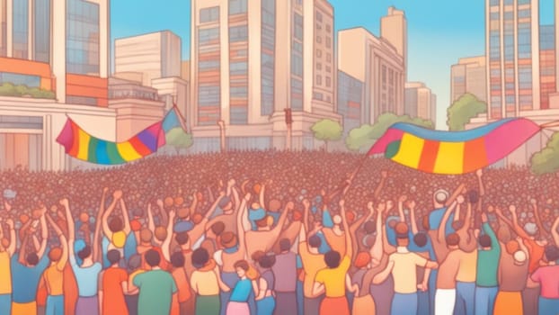 crowded lgbt community and activists celebrate gay pride parade, rainbow colours, big city ai genrative art illustration