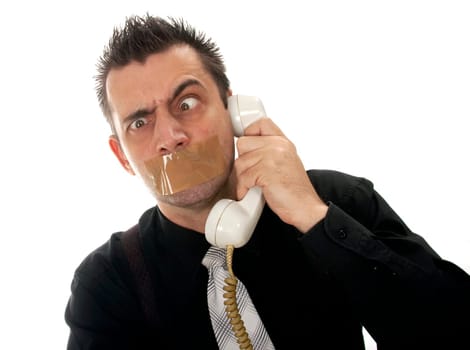 Funny businessman with tape on his mouth