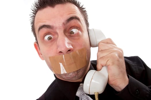 Funny businessman with tape on his mouth