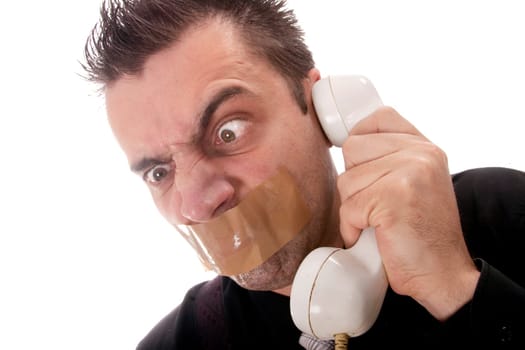 Funny businessman with tape on his mouth