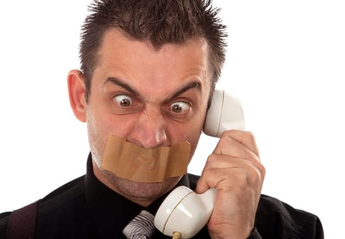 Funny businessman with tape on his mouth