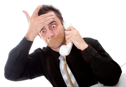 Funny businessman with tape on his mouth