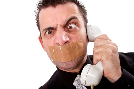 Funny businessman with tape on his mouth