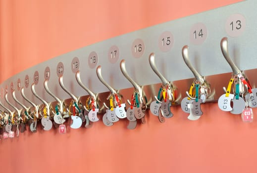 Coat hooks with labels organized in row