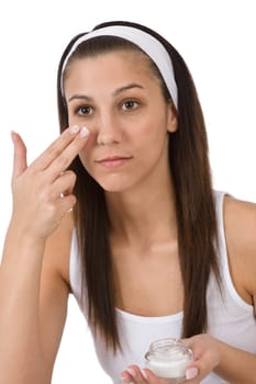 Beauty facial care - Teenager woman cleaning acne skin