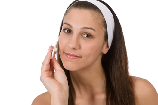 Beauty facial care - Teenager woman cleaning acne skin