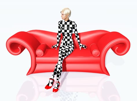 Woman on red couch