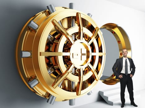 businessman and bank golden vault door 3d