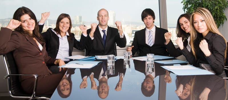 Six businessmen cheering