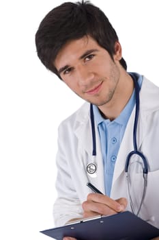 Male student doctor with stethoscope writing
