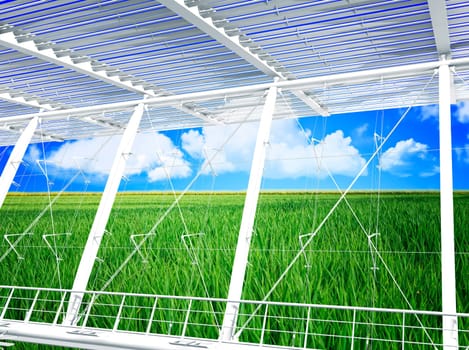 green grass field and blue cloudy sky modern eco building 3d