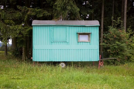 Old green construction trailer in the forest