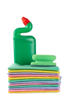 Plastic detergent bottle and sponges