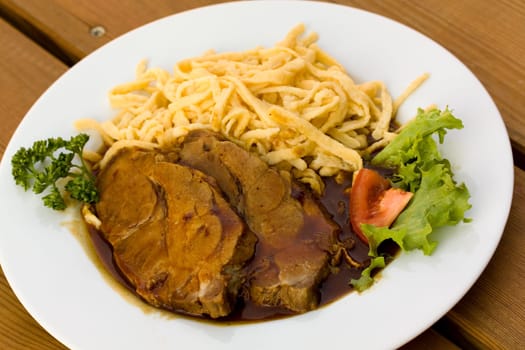 Roast pork with malt sauce and spaetzle