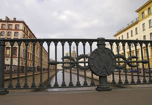 A view from a bridge over Channel in Saint Petersburg, Russia. The Church of th