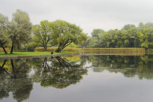 A lake in an early autumn park on a cloudy and foggy day, with a fisher-man and