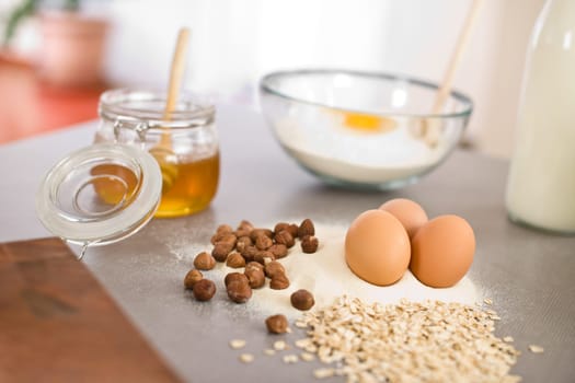 Baking dough ingredients, honey, eggs, flour