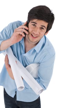 Male architect student with helmet and plans calling