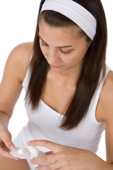 Beauty facial care - Teenager woman cleaning acne skin