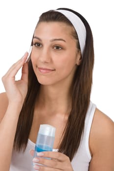 Beauty facial care - Teenager woman cleaning acne skin