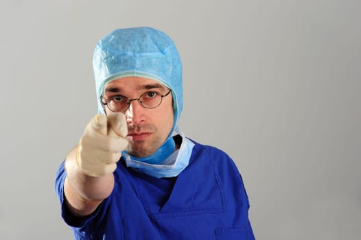 doctor with forefinger up