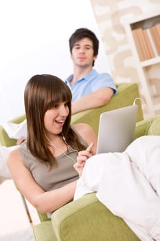 Students - young woman with touch screen computer
