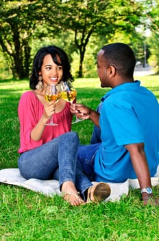 Happy couple having wine in park