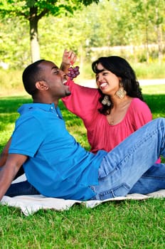 Happy couple having picnic in park