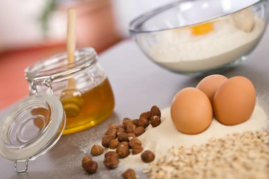 Baking dough ingredients, honey, eggs, flour