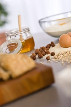 Baking dough ingredients, honey, eggs, flour