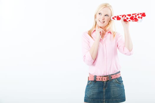 young blond woman with big valentine post card