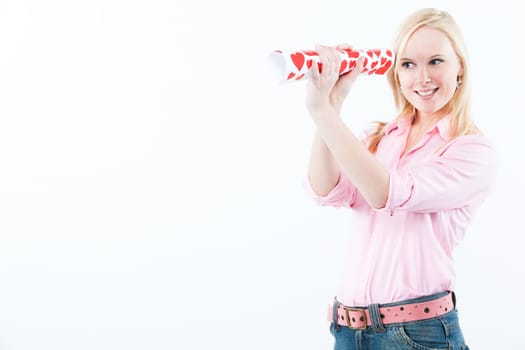 young blond woman with big valentine post card