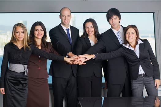 Six businessmen cheering