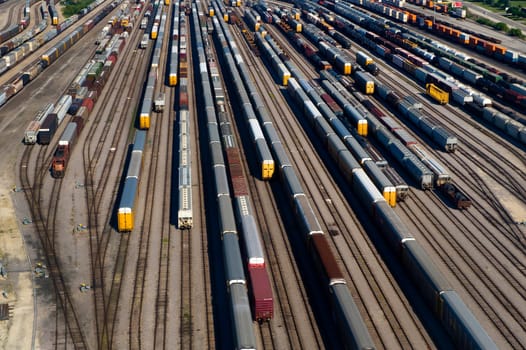Aerial View of Many Train Cars on Tracks