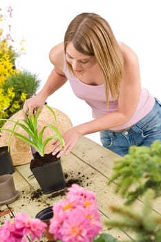 Gardening - woman with shovel take care of plant