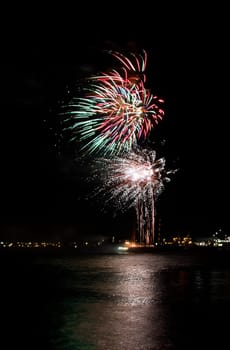 Red and green fireworks on the river