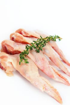 raw chicken wings with thyme on white background