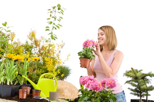 Gardening - Happy woman holding flower pot