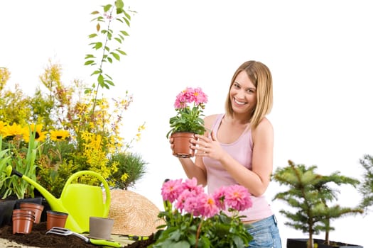 Gardening - Happy woman holding flower pot